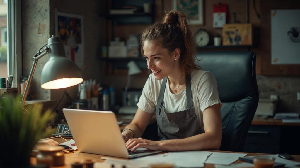 A small-business owner in an apron leaning over a laptop on a cluttered back-office desk late in the day, photographed in Hamilton