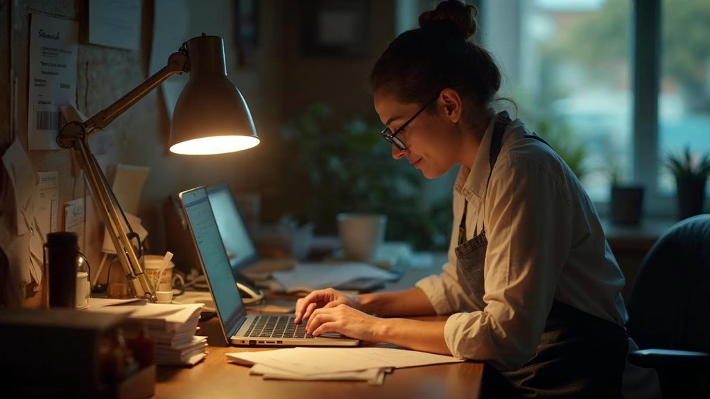 A small-business owner in an apron leaning over a laptop on a cluttered back-office desk late in the day, photographed in Hamilton