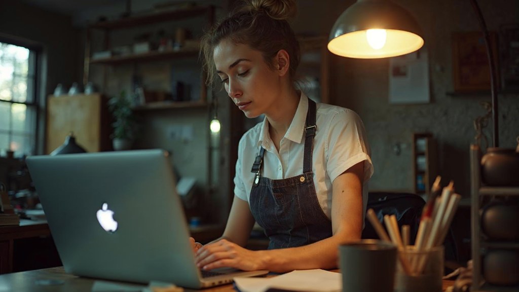 A small-business owner in an apron leaning over a laptop on a cluttered back-office desk late in the day, photographed in Hamilton