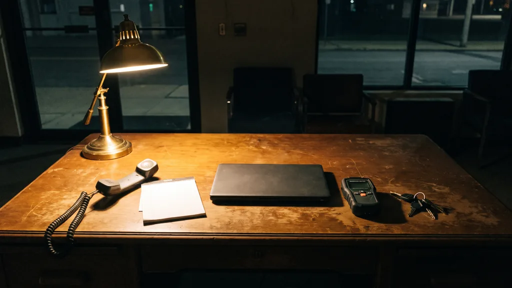 Editorial photograph of an empty restoration company dispatch desk at night with a corded phone handset off the hook, a notepad, a closed laptop, a moisture meter and truck keys under a brass desk lamp, no people