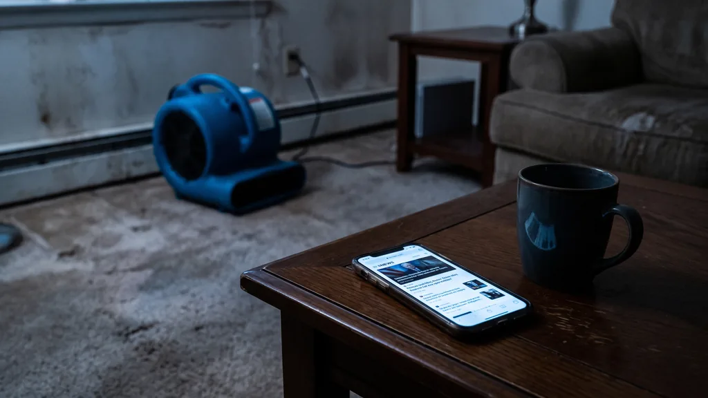 Editorial photograph of a dim living room after a water loss with a smartphone glowing face up on a coffee table beside a mug and an air mover running near a stripped baseboard, no people