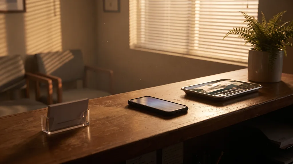 Editorial photograph of a quiet dental practice front desk after hours with a smartphone lying face up on the counter beside an appointment card holder, a sterilised instrument tray and a small potted plant in low evening light, no people