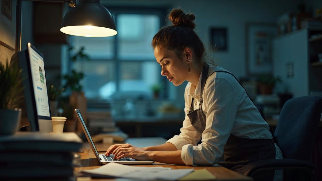 A small-business owner in an apron leaning over a laptop on a cluttered back-office desk late in the day, photographed in Hartford