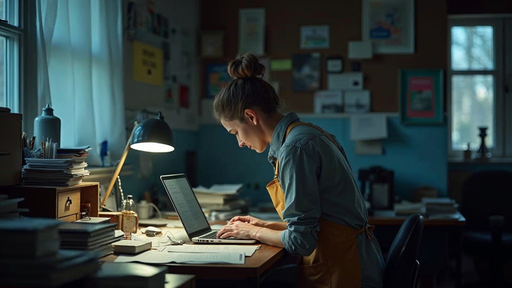 A small-business owner in an apron leaning over a laptop on a cluttered back-office desk late in the day, photographed in Hartford