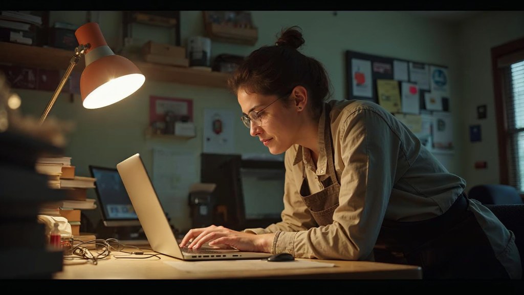 A small-business owner in an apron leaning over a laptop on a cluttered back-office desk late in the day, photographed in Hartford