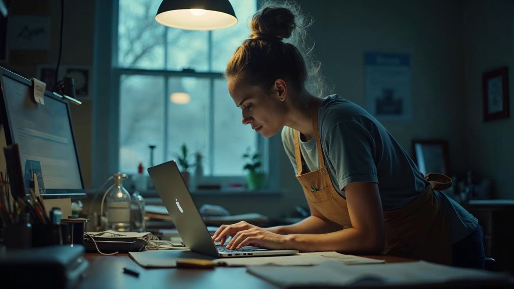 A small-business owner in an apron leaning over a laptop on a cluttered back-office desk late in the day, photographed in Hartford