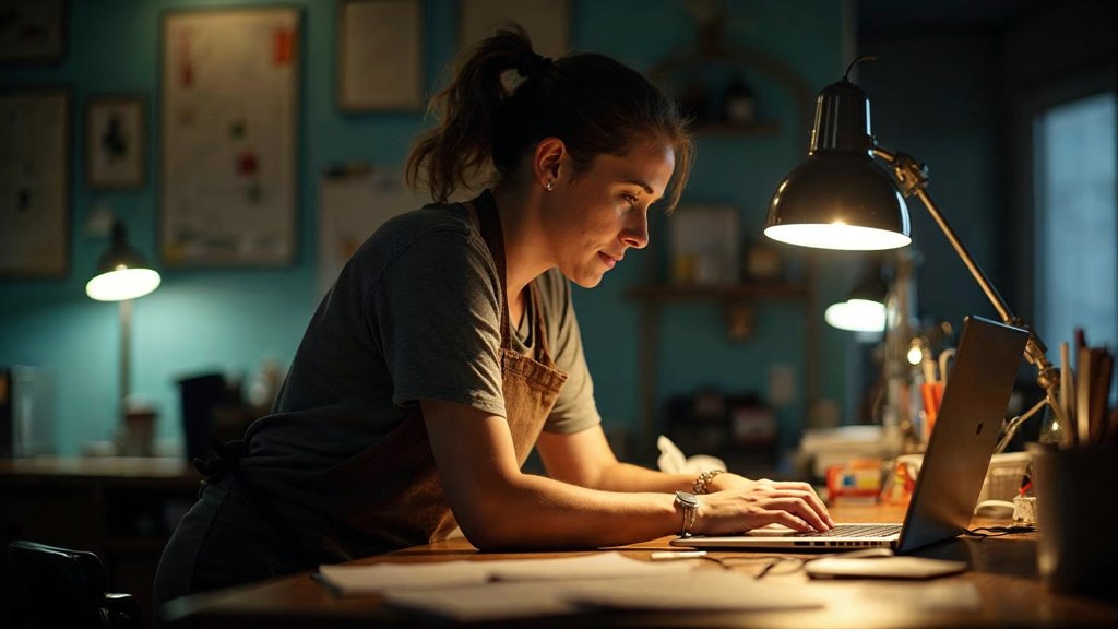 A small-business owner in an apron leaning over a laptop on a cluttered back-office desk late in the day, photographed in Hartford