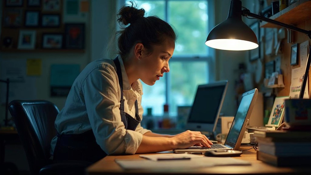 A small-business owner in an apron leaning over a laptop on a cluttered back-office desk late in the day, photographed in Hartford
