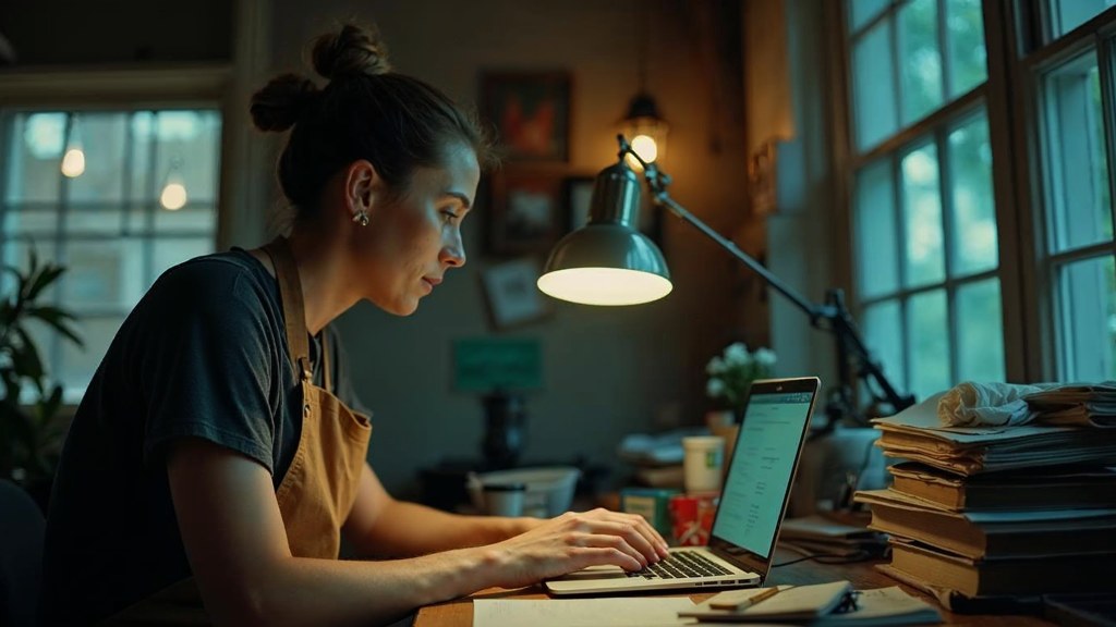 A small-business owner in an apron leaning over a laptop on a cluttered back-office desk late in the day, photographed in Hartford