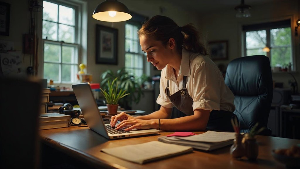 A small-business owner in an apron leaning over a laptop on a cluttered back-office desk late in the day, photographed in Hartford