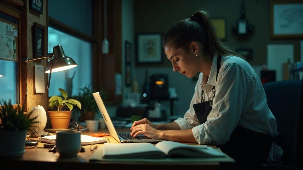 A small-business owner in an apron leaning over a laptop on a cluttered back-office desk late in the day, photographed in Hartford