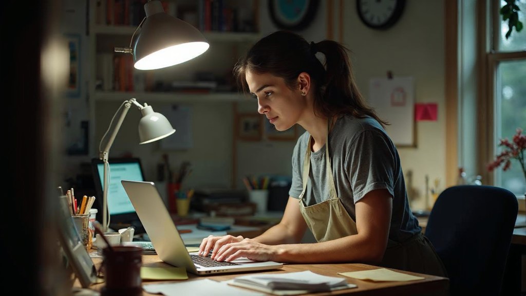 A small-business owner in an apron leaning over a laptop on a cluttered back-office desk late in the day, photographed in Hartford