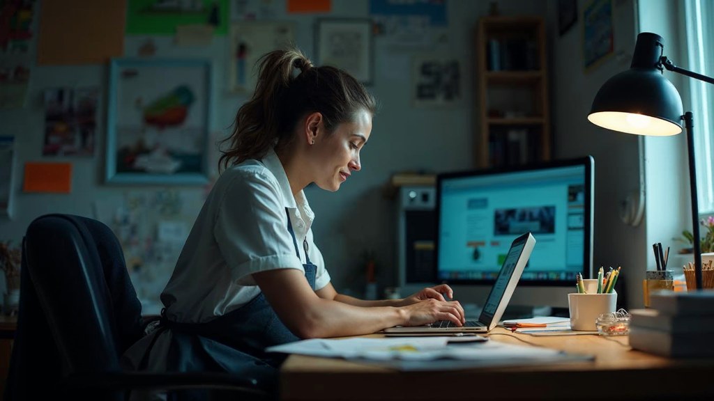 A small-business owner in an apron leaning over a laptop on a cluttered back-office desk late in the day, photographed in Hartford