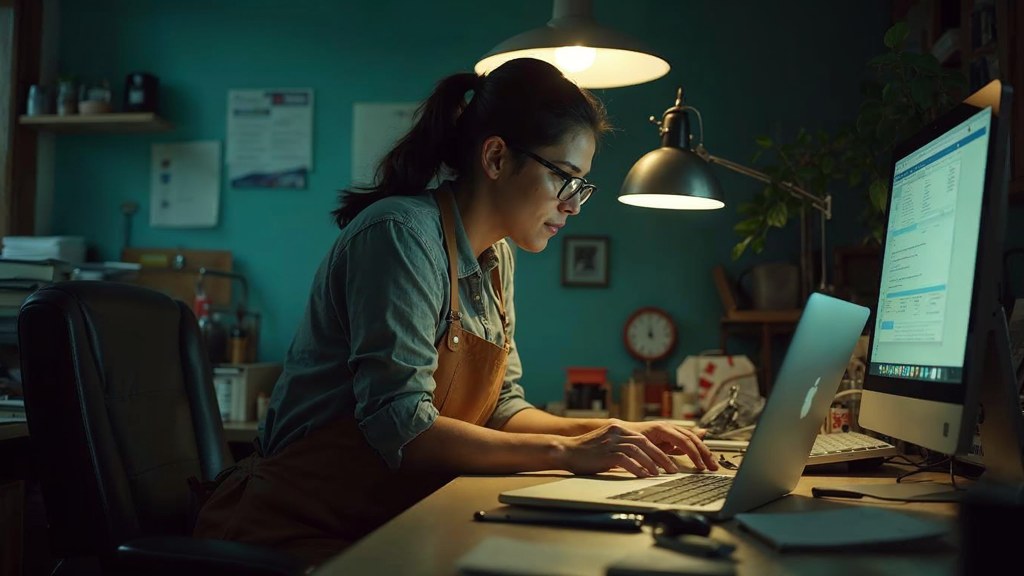 A small-business owner in an apron leaning over a laptop on a cluttered back-office desk late in the day, photographed in Hartford