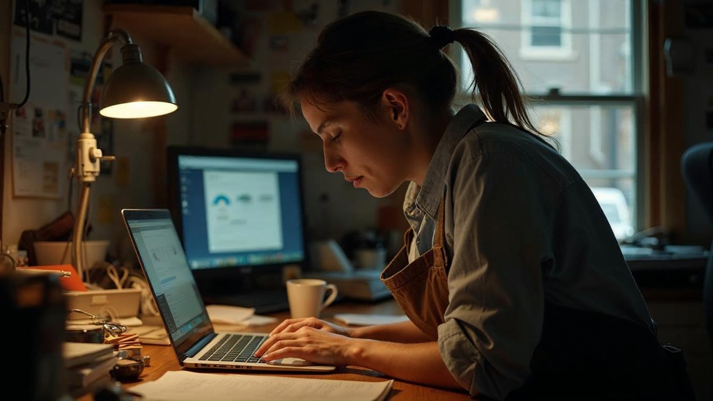 A small-business owner in an apron leaning over a laptop on a cluttered back-office desk late in the day, photographed in Hartford