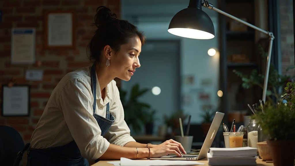 A small-business owner in an apron leaning over a laptop on a cluttered back-office desk late in the day, photographed in Hartford
