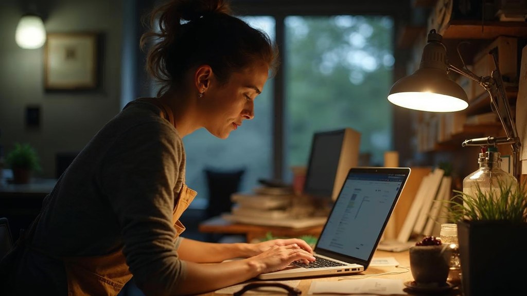 A small-business owner in an apron leaning over a laptop on a cluttered back-office desk late in the day, photographed in Hartford