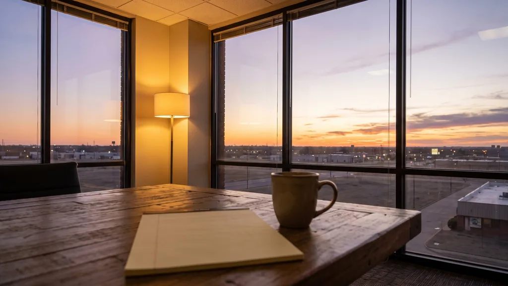 Editorial photograph of an empty office meeting room in Oklahoma City at dusk with tall windows onto a low prairie-city skyline and wide open sky