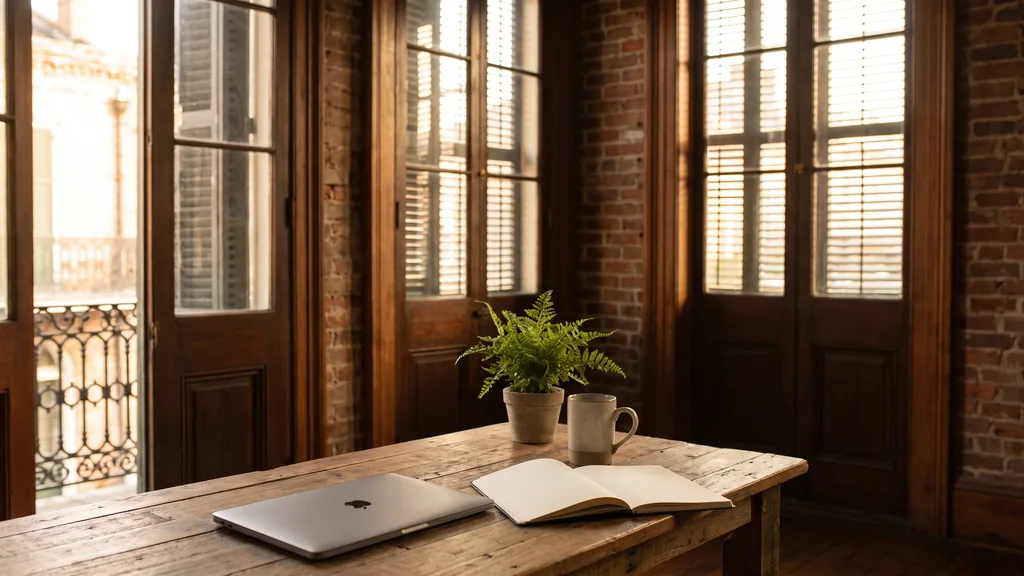Editorial photograph of a quiet marketing agency workspace in a historic New Orleans building with exposed brick, shuttered windows and a wrought-iron balcony beyond