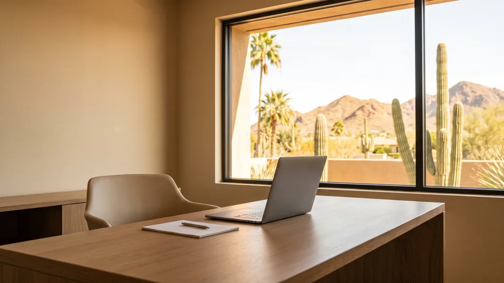 Editorial photograph of an empty modern office in Scottsdale Arizona with a window onto saguaro cactus, palms and low ochre mountains in bright dry light