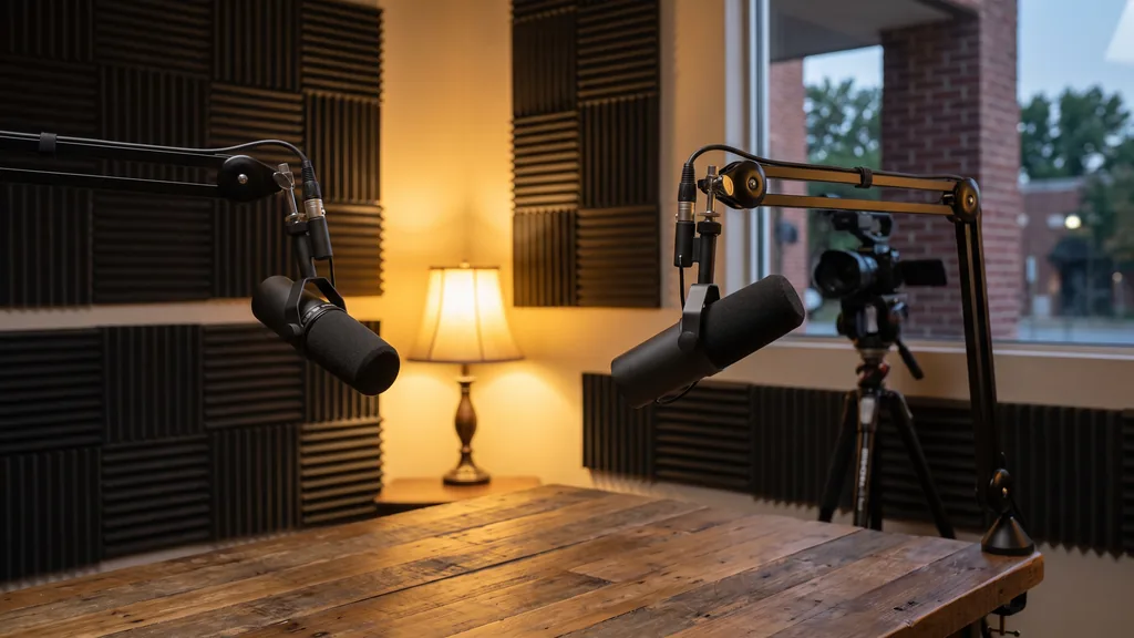 Empty podcast recording room in Tulsa with two broadcast microphones on boom arms over a wooden table, acoustic foam panels, warm lamp light and a camera on a tripod in the background