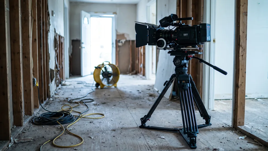 Editorial photograph of a cinema camera on a tripod in an empty stripped hallway of a house after a water loss with an air mover running in the background and coiled cables on the bare subfloor, no people