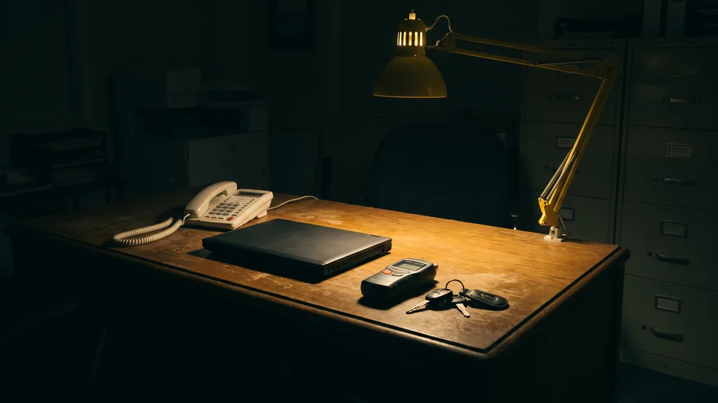 Editorial photograph of an empty water damage restoration dispatch desk at night with a corded phone handset off the hook, a closed laptop, a moisture meter and truck keys under a warm desk lamp, no people