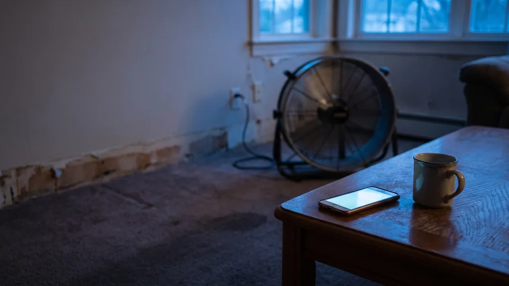 Editorial photograph of a dim living room after a water loss with a smartphone glowing face up on a coffee table beside a mug and an air mover running near a stripped baseboard, no people