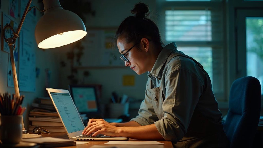 A small-business owner in an apron leaning over a laptop on a cluttered back-office desk late in the day, photographed in Honolulu
