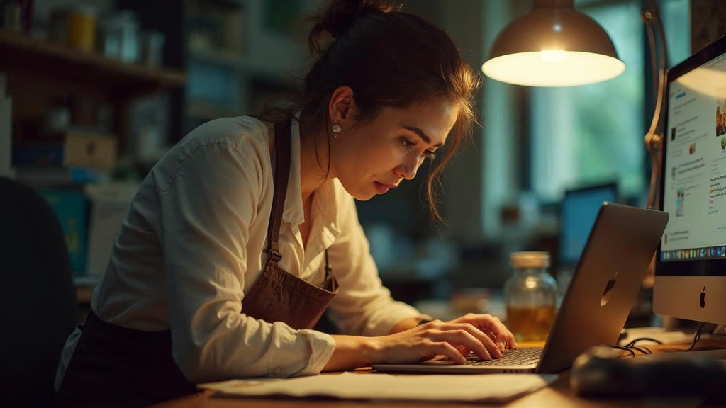 A small-business owner in an apron leaning over a laptop on a cluttered back-office desk late in the day, photographed in Honolulu