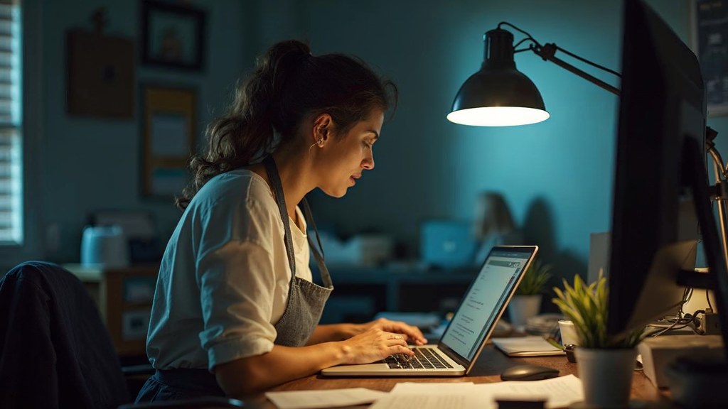 A small-business owner in an apron leaning over a laptop on a cluttered back-office desk late in the day, photographed in Honolulu
