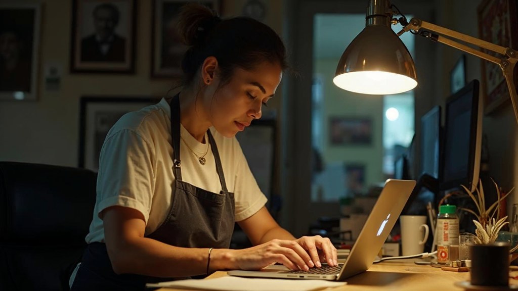 A small-business owner in an apron leaning over a laptop on a cluttered back-office desk late in the day, photographed in Honolulu