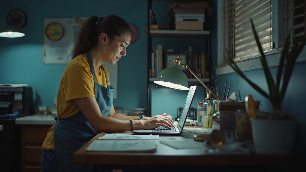 A small-business owner in an apron leaning over a laptop on a cluttered back-office desk late in the day, photographed in Honolulu