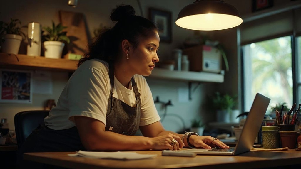 A small-business owner in an apron leaning over a laptop on a cluttered back-office desk late in the day, photographed in Honolulu