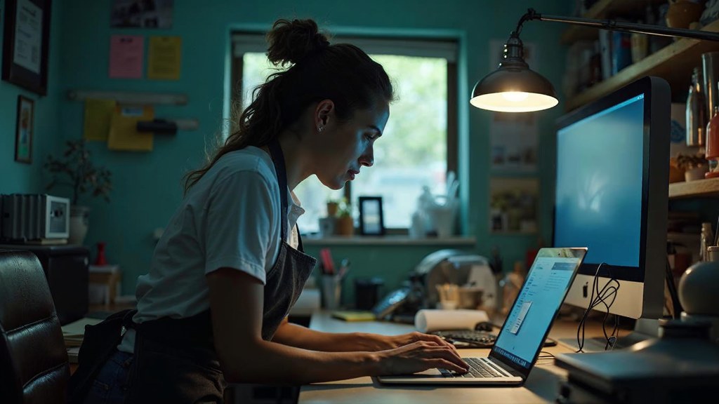 A small-business owner in an apron leaning over a laptop on a cluttered back-office desk late in the day, photographed in Honolulu