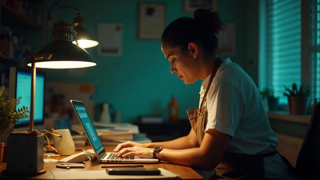 A small-business owner in an apron leaning over a laptop on a cluttered back-office desk late in the day, photographed in Honolulu
