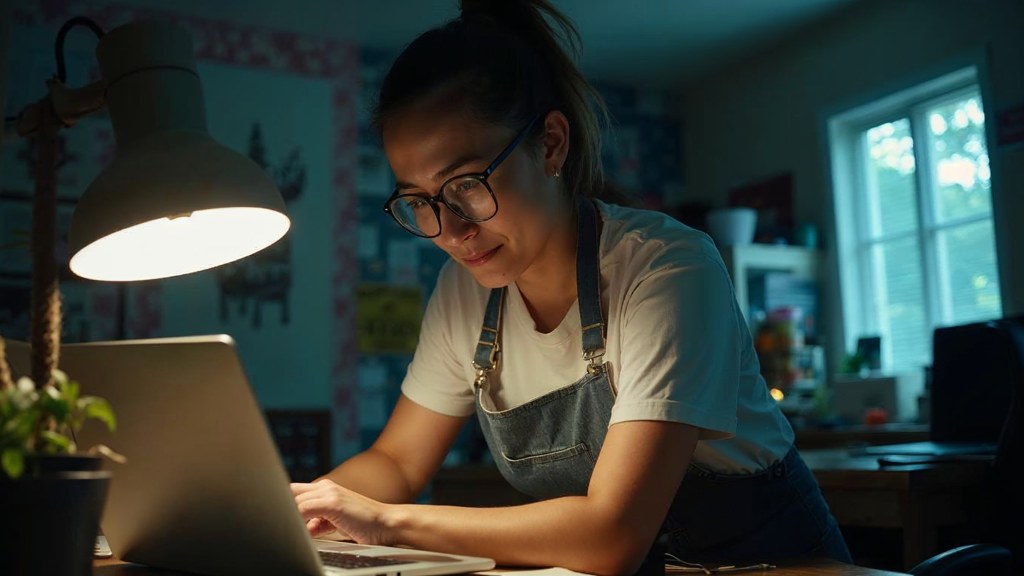 A small-business owner in an apron leaning over a laptop on a cluttered back-office desk late in the day, photographed in Honolulu