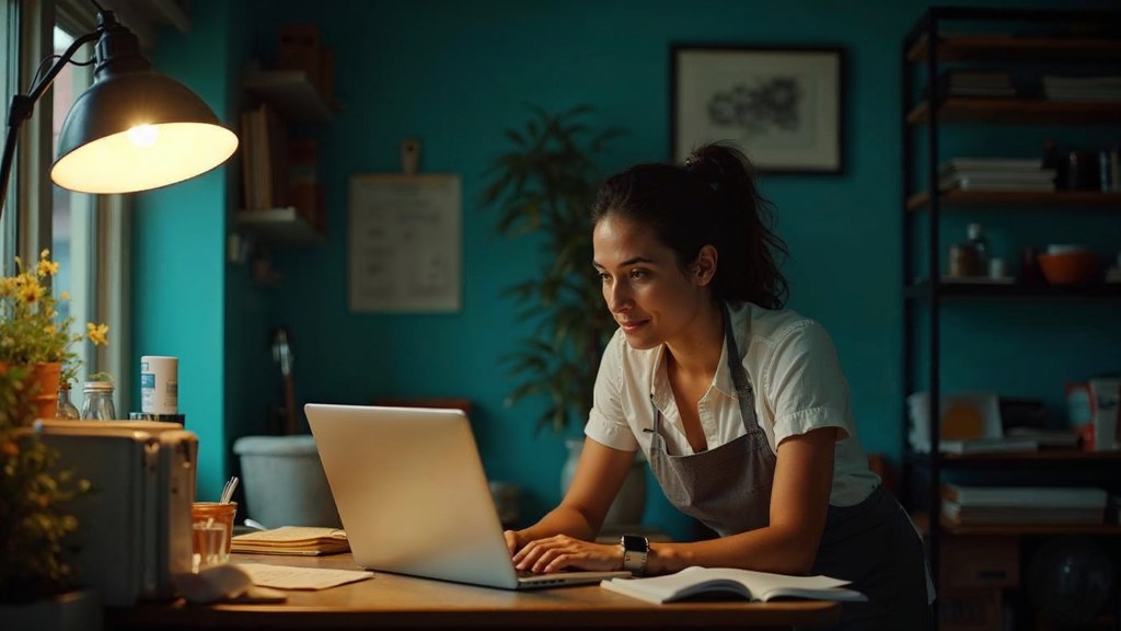 A small-business owner in an apron leaning over a laptop on a cluttered back-office desk late in the day, photographed in Honolulu