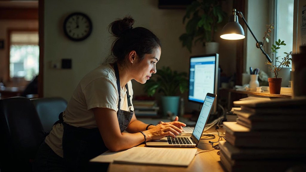 A small-business owner in an apron leaning over a laptop on a cluttered back-office desk late in the day, photographed in Honolulu