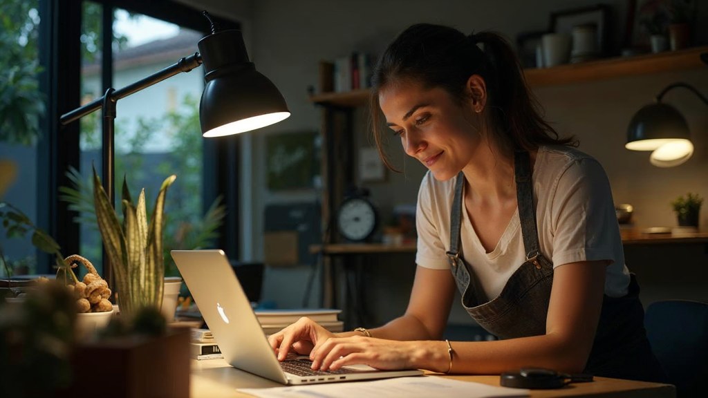 A small-business owner in an apron leaning over a laptop on a cluttered back-office desk late in the day, photographed in Honolulu