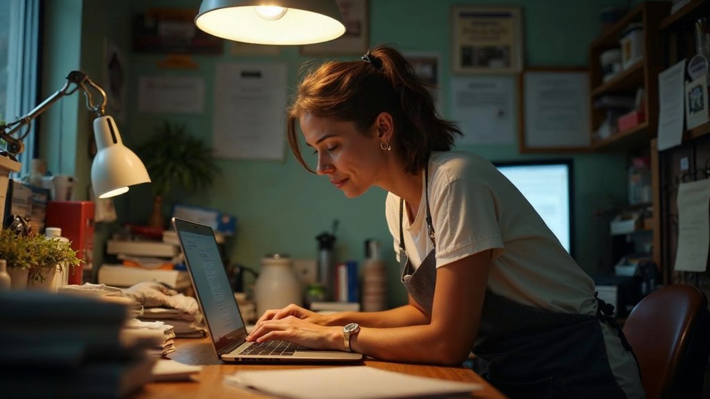 A small-business owner in an apron leaning over a laptop on a cluttered back-office desk late in the day, photographed in Honolulu
