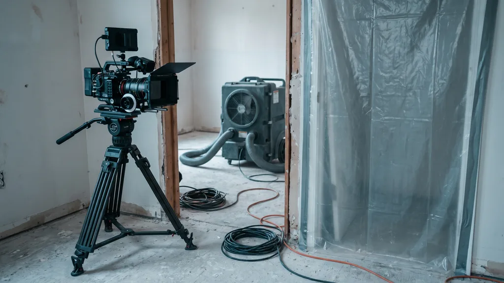 Editorial photograph of a cinema camera on a tripod in a stripped residential room beside translucent containment sheeting taped over a doorway with an air scrubber running in the background, no people