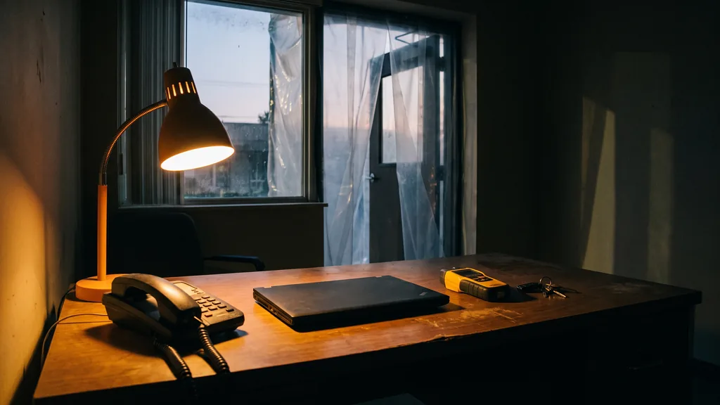 Editorial photograph of an empty mold remediation contractor office desk at dusk with a corded phone handset, a closed laptop, a moisture meter and van keys under a warm desk lamp, no people