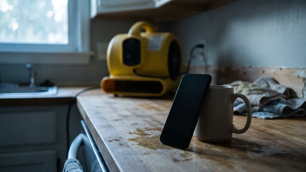 Editorial photograph of a smartphone propped against a coffee mug on a kitchen counter in a house after a water loss with an air mover running near a stripped baseboard in the background, no people