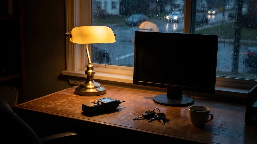 Editorial photograph of a restoration contractor office desk at dusk with a dark monitor, a moisture meter, truck keys and a coffee cup under a warm desk lamp and storm rain on the window behind, no people