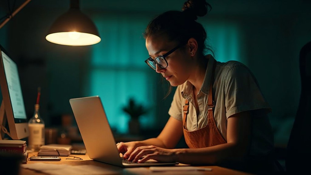 A small-business owner in an apron leaning over a laptop on a cluttered back-office desk late in the day, photographed in Houston