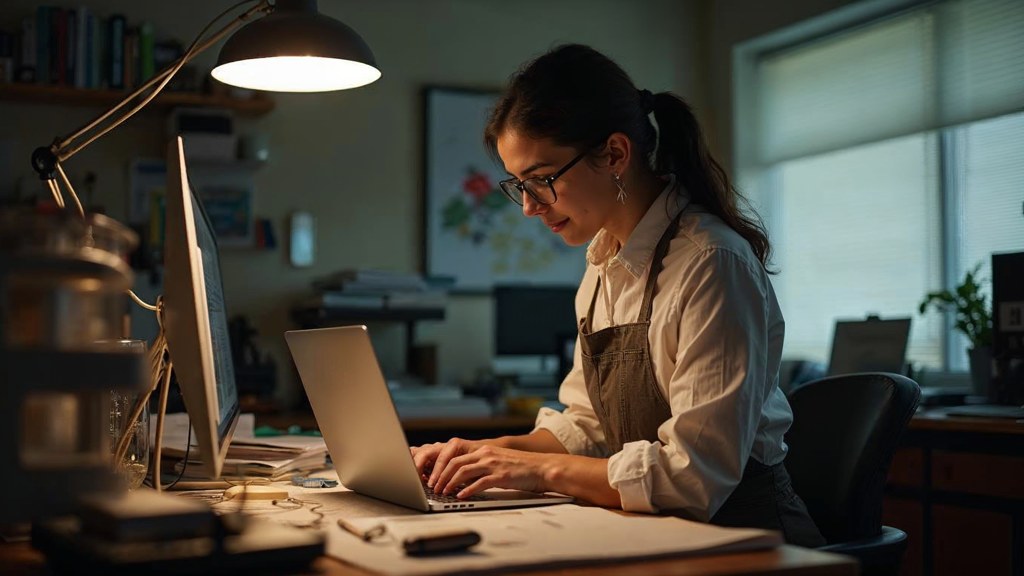A small-business owner in an apron leaning over a laptop on a cluttered back-office desk late in the day, photographed in Houston