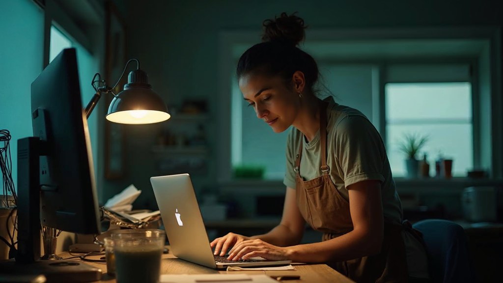 A small-business owner in an apron leaning over a laptop on a cluttered back-office desk late in the day, photographed in Houston