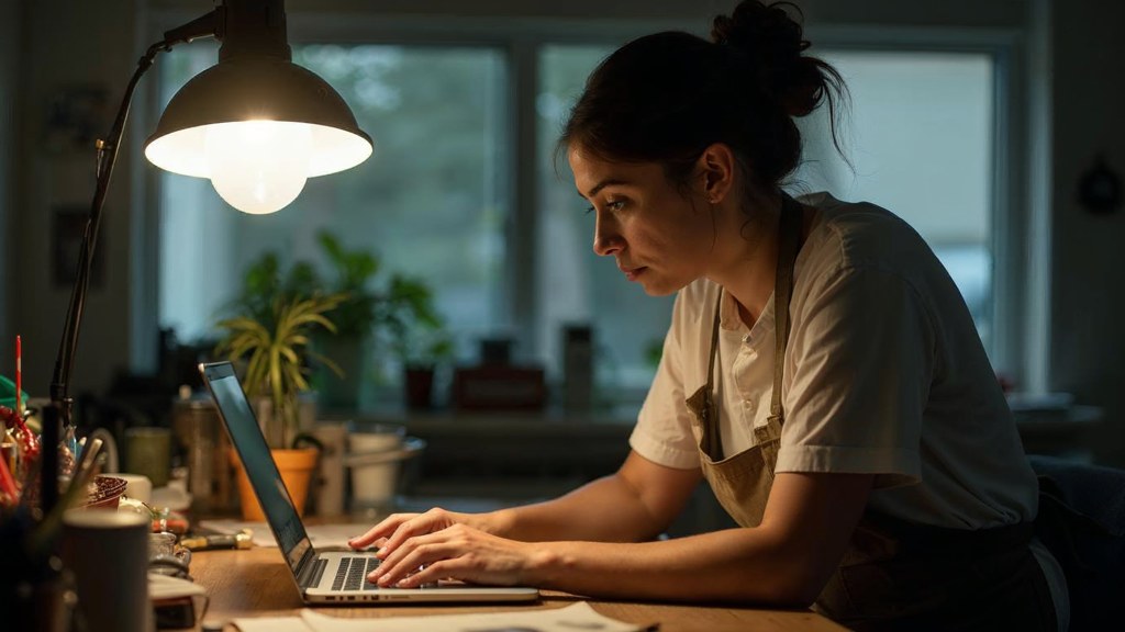 A small-business owner in an apron leaning over a laptop on a cluttered back-office desk late in the day, photographed in Houston