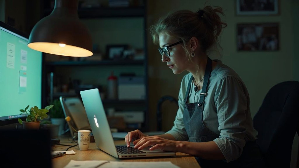 A small-business owner in an apron leaning over a laptop on a cluttered back-office desk late in the day, photographed in Houston